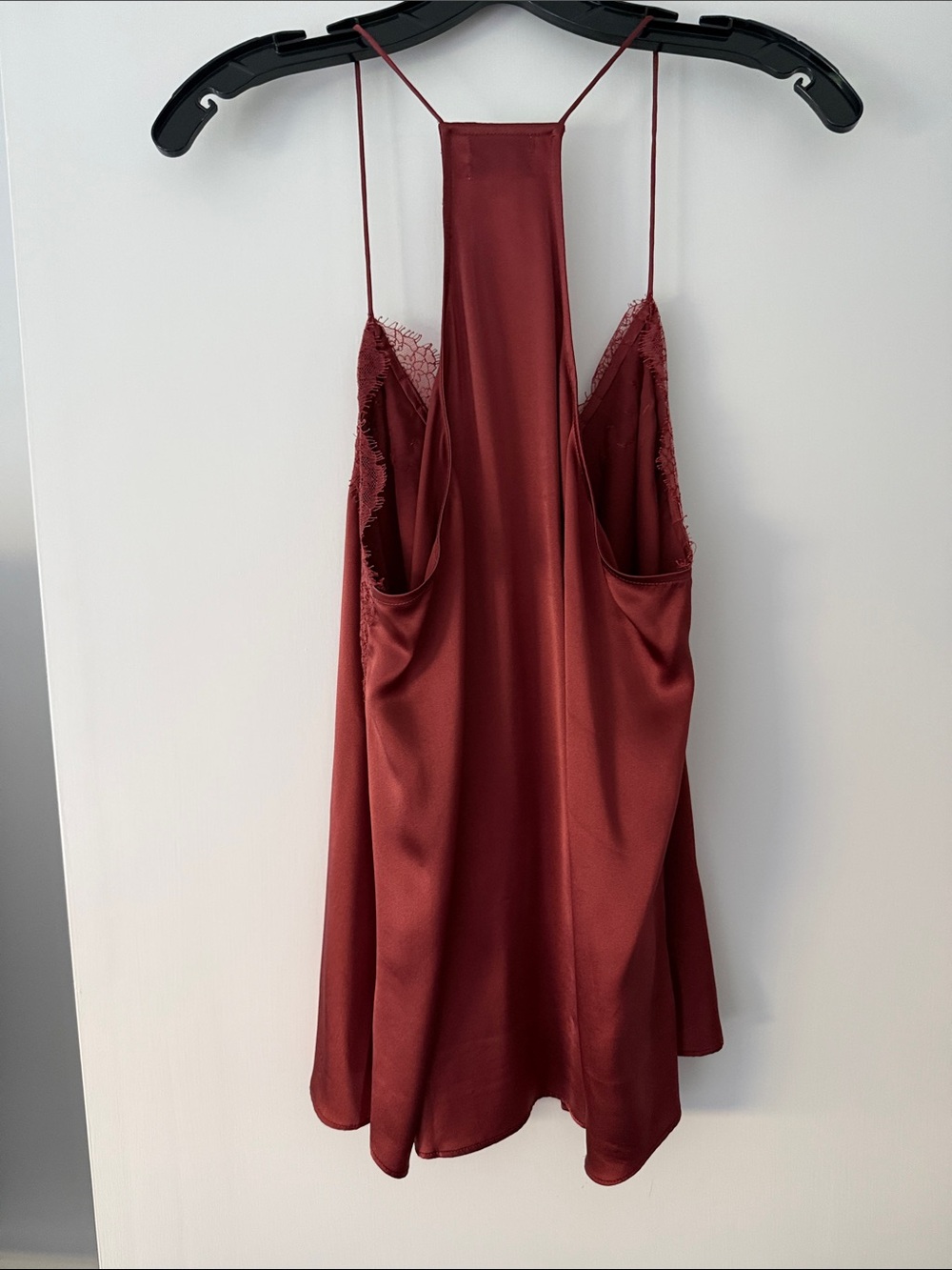 Cami NYC Silk Satin Lace-Trim camisole in Bordeaux color with thin straps - Picture 3 of 4